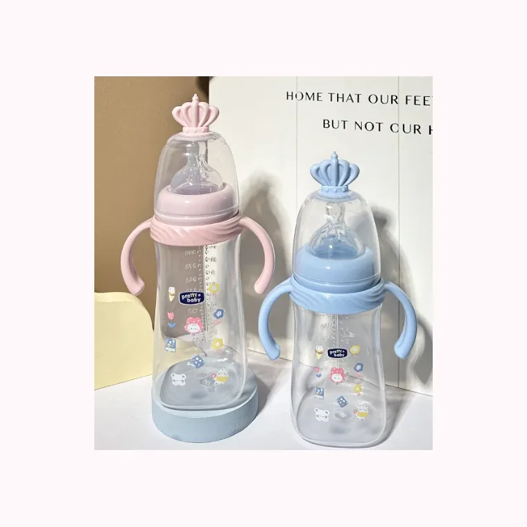 240ml anti-colic PP wide mouth baby bottle with handle, listed in pink, blue