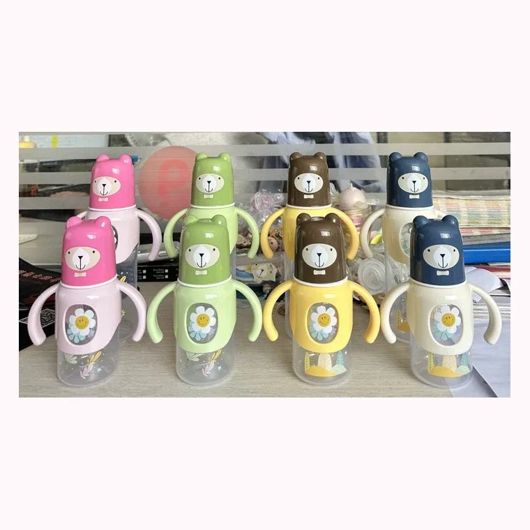 Cartoon wraparound handle 250mL straight large baby bottle, listed in Pink, green,  brownish yellow,  blue and white