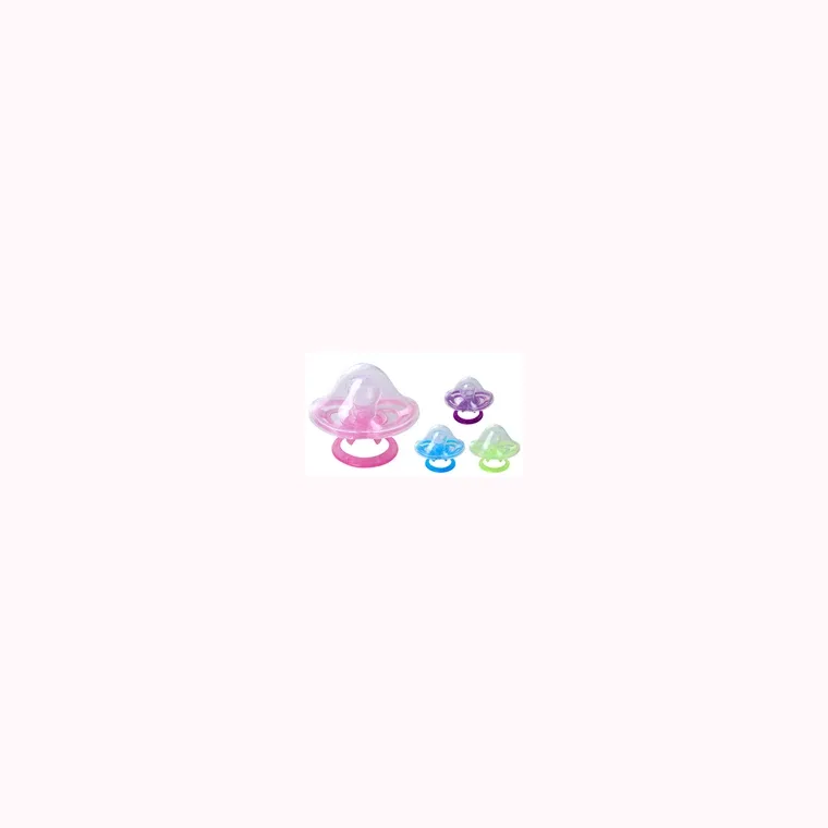 Reunion-type comfort pacifier (flat head), listed in pink, blue, green, purple